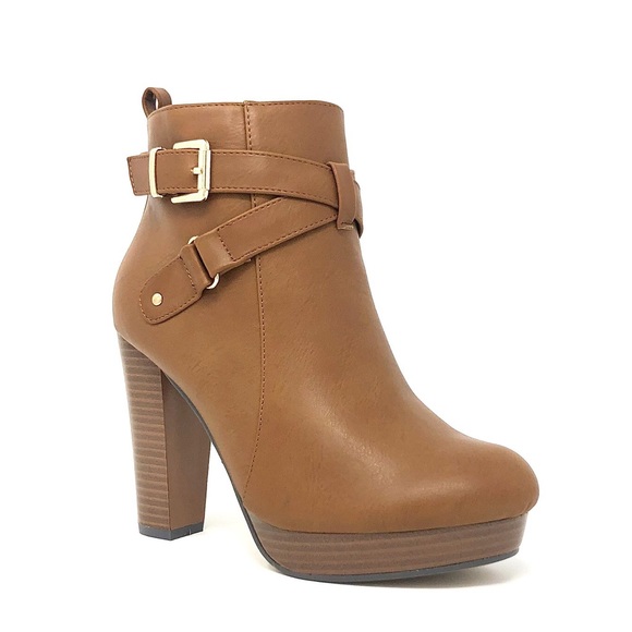Cognac Tan Vegan Leather Buckle Ankle Boots - Picture 3 of 12